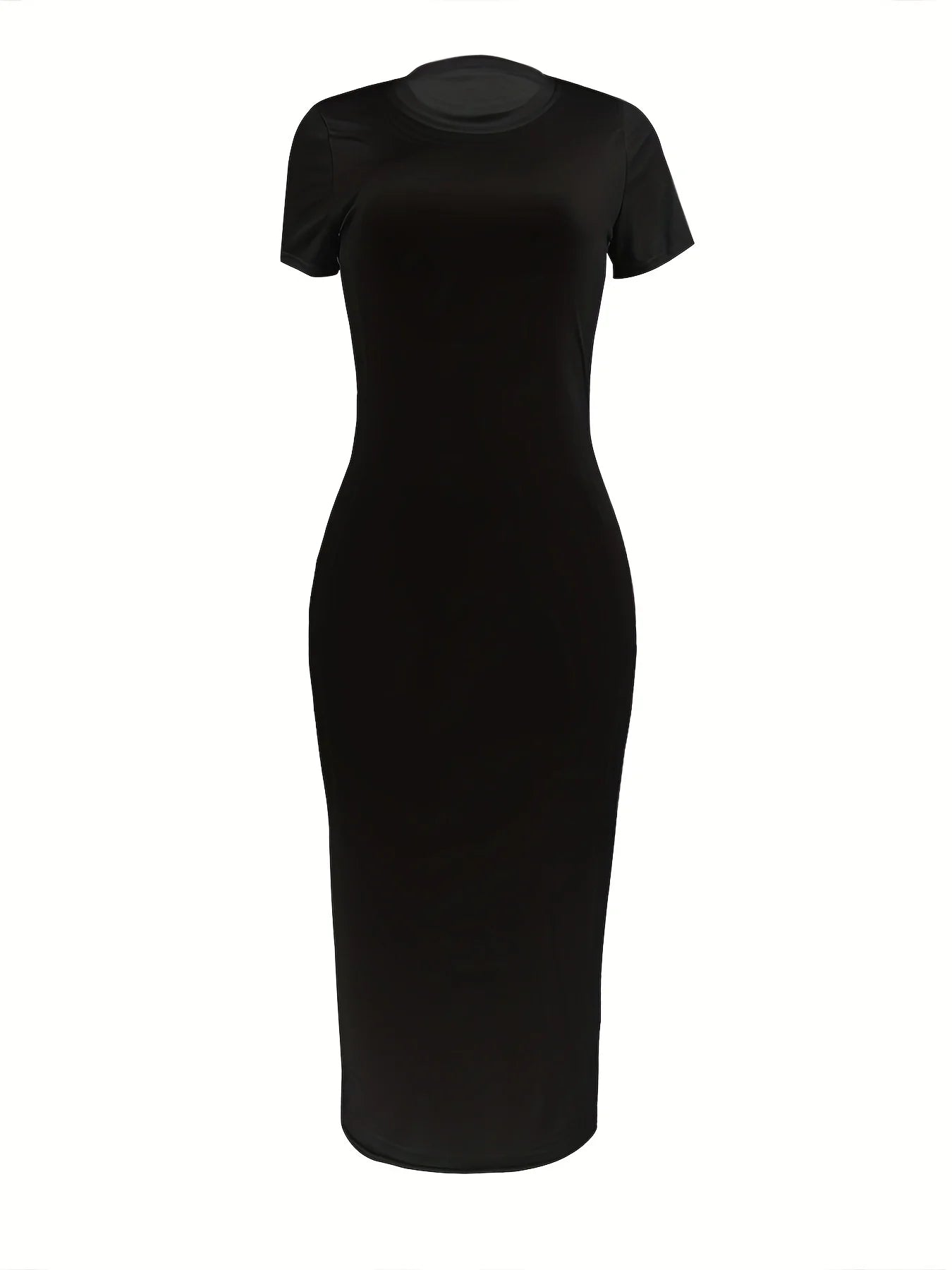 Women'S Summer Casual Fashion Slim Fit Sexy Solid Color round Neck Short Sleeved Long Dress Black plus Size XS-5XL