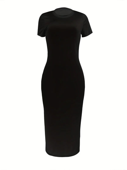 Women'S Summer Casual Fashion Slim Fit Sexy Solid Color round Neck Short Sleeved Long Dress Black plus Size XS-5XL