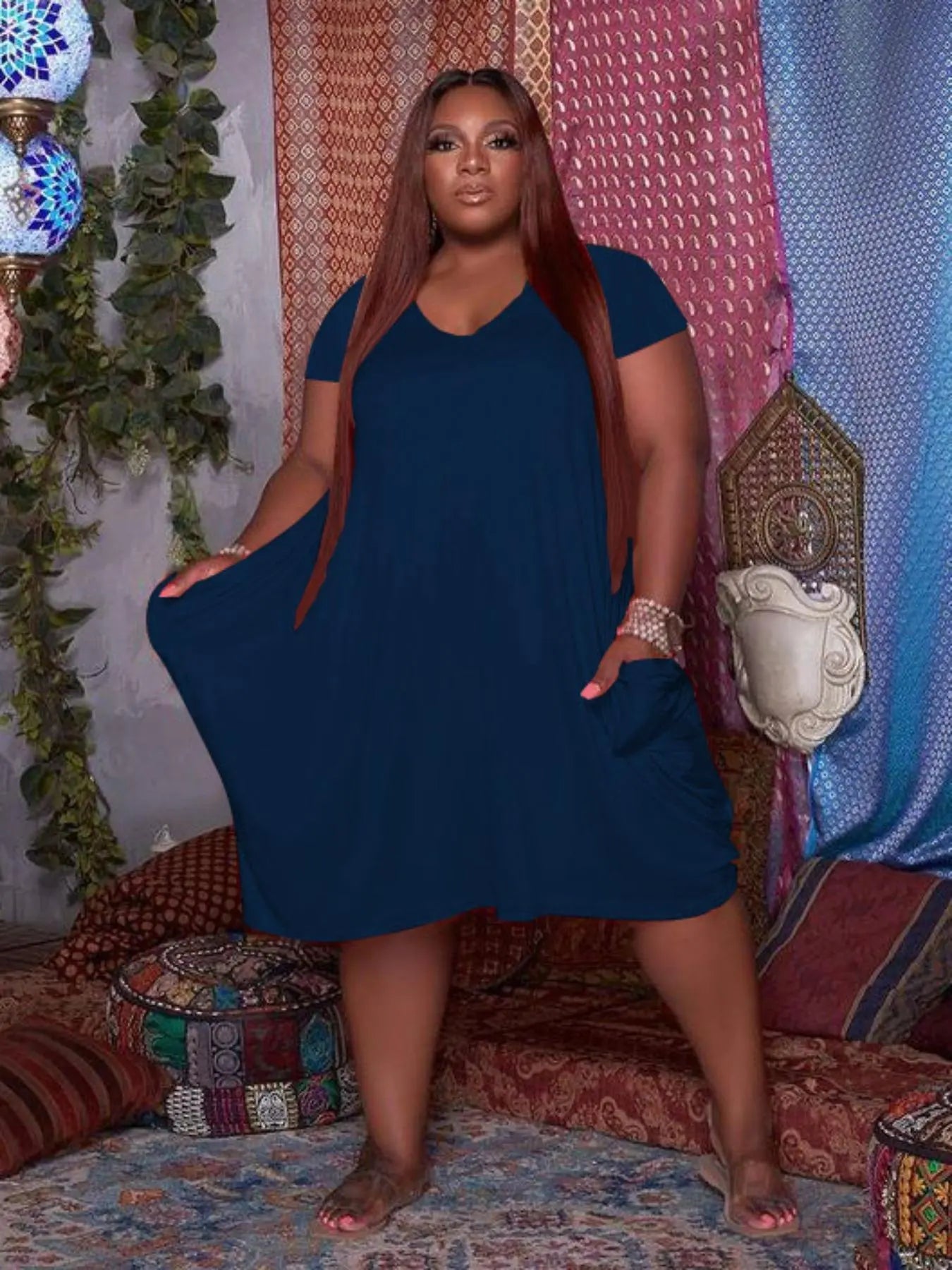 【Plus Size】 Plain Pocket Dress, Casual Short Sleeve round Neck Dress for Summer, Women'S plus Clothing for Daily Wear
