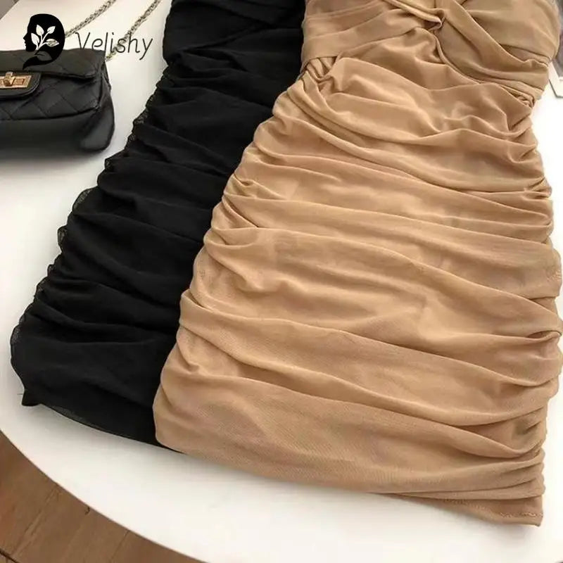 Dresses Women Sexy Club Shirring Design Summer Leisure Lady Mini Straps Dress