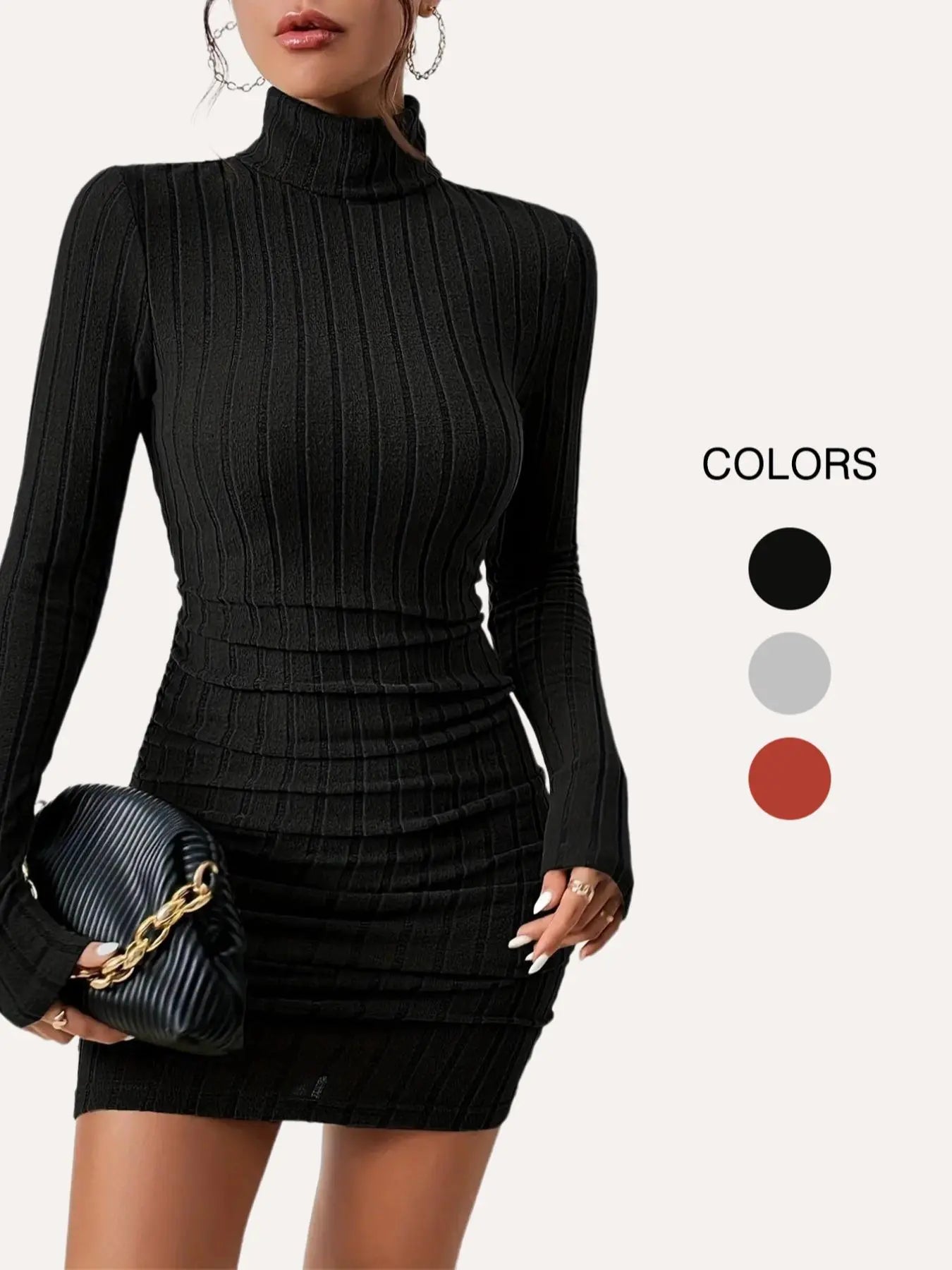Women'S Thin Minimalist Ribbed Knit Long Sleeve Turtle Neck Bodycon Dress, Longsleeves High Neck Short Tight Dresses Basic Comfortable Lady Casual Womenswear