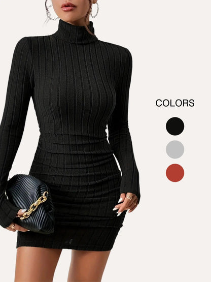 Women'S Thin Minimalist Ribbed Knit Long Sleeve Turtle Neck Bodycon Dress, Longsleeves High Neck Short Tight Dresses Basic Comfortable Lady Casual Womenswear