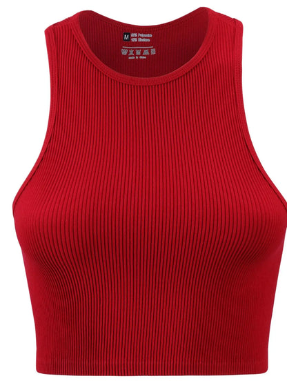 Women'S Solid Ribbed Crop Sports Tank Top, Casual Sleeveless round Neck Top for Summer, Ladies Sportswear for Indoor Outdoor Wear, Womenswear, Muscle Tank Top, Athletic Tank Top, Active Tank Top, Cropped Top