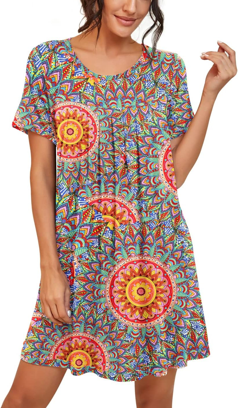 Nightgowns for Women Short Sleeve Night Gowns | Knee Length Nightgown,Pleated Sleep Shirts,Breathable and Stretchy Fabric,Soft Sleep Dress