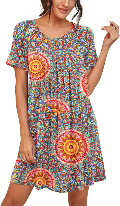Nightgowns for Women Short Sleeve Night Gowns | Knee Length Nightgown,Pleated Sleep Shirts,Breathable and Stretchy Fabric,Soft Sleep Dress