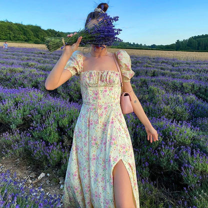 Women'S Y2K Retro Bodycon Long Dress Summer Bohemian Floral Print Puff Sleeve Square Collar Tie-Up High Split Dress Streetwear