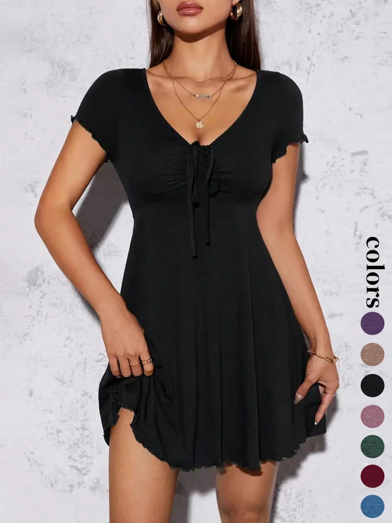 Women'S Solid Color V Neck Beach Dress, Casual Fashion Short Sleeve Dress for Summer, Women'S Clothing for Daily Wear