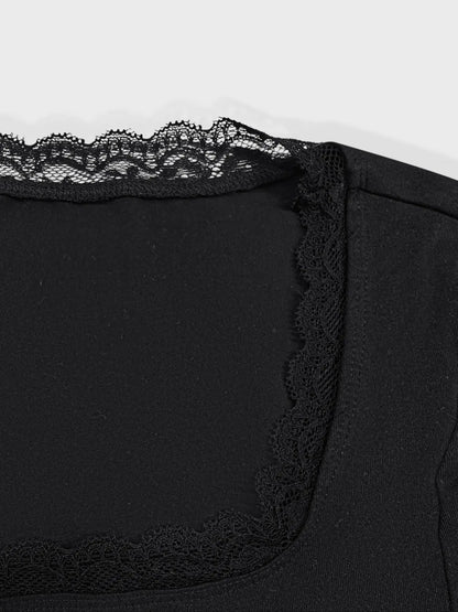 Women'S Y2K Lace Trim Long Sleeve Square Neck Slim Fit Feminine Basic Party T-Shirt, Summer Casual Outdoor Short Top, Casual Classy Top, Street Style, Casual Chic Fitted, Casual Fashion Shirt, Womenswear