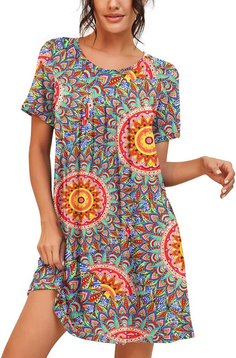 Nightgowns for Women Short Sleeve Night Gowns | Knee Length Nightgown,Pleated Sleep Shirts,Breathable and Stretchy Fabric,Soft Sleep Dress