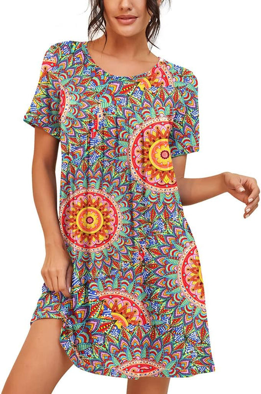 Nightgowns for Women Short Sleeve Night Gowns | Knee Length Nightgown,Pleated Sleep Shirts,Breathable and Stretchy Fabric,Soft Sleep Dress