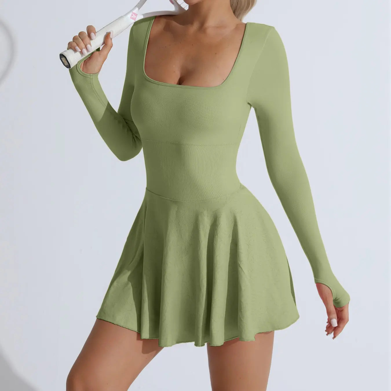 Betto Women'S Solid Criss Cross Backless Sports Dress, Sporty Scoop Neck Long Sleeve Tennis Dress, Ladies Sporswear for Indoor Outdoor Wear